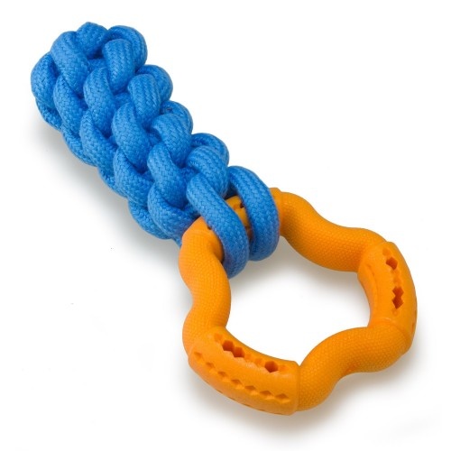 Anel com corda trançada em azul e laranja.