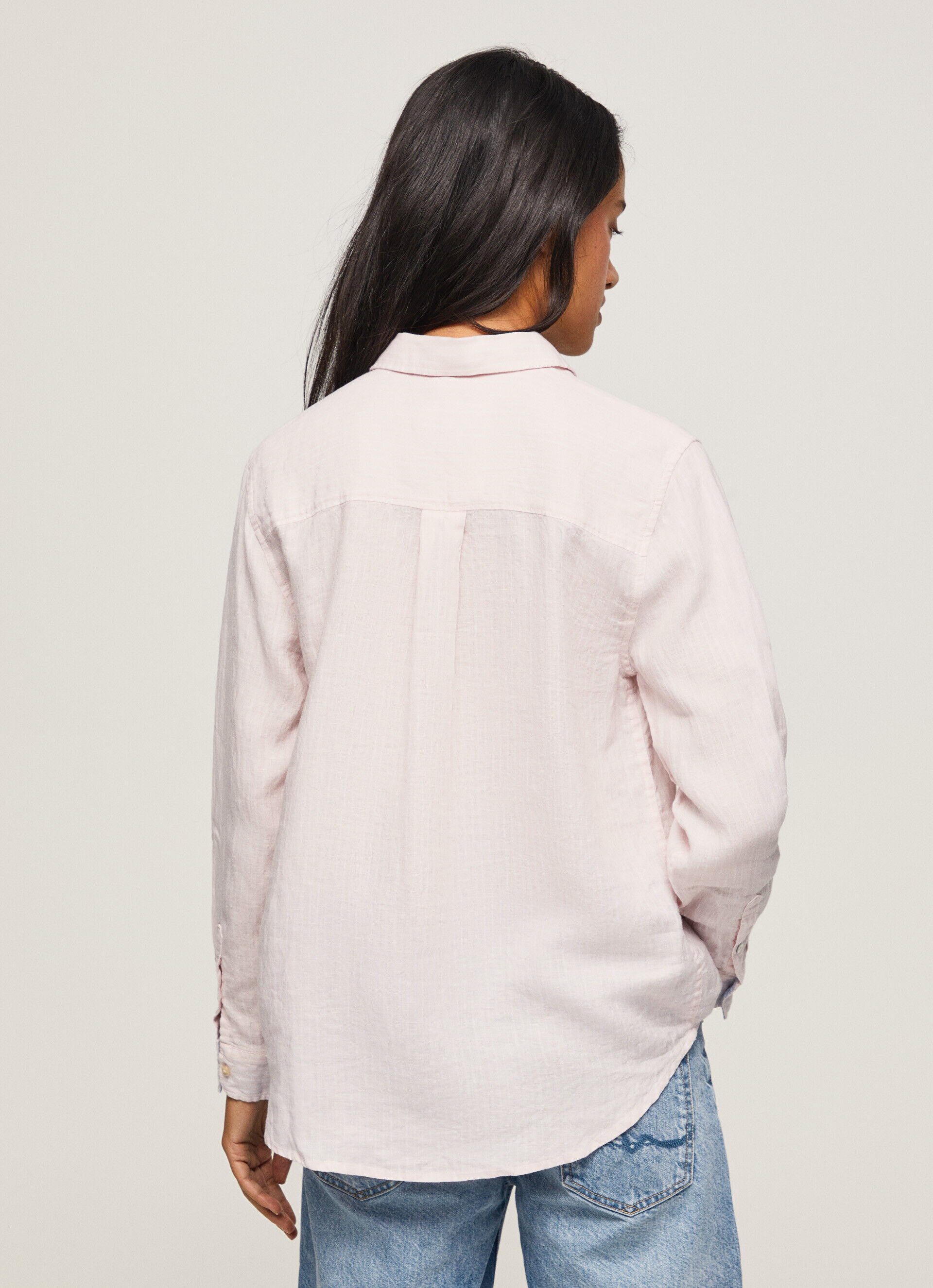 Camisa de corte regular em linho listrado - rosa claro