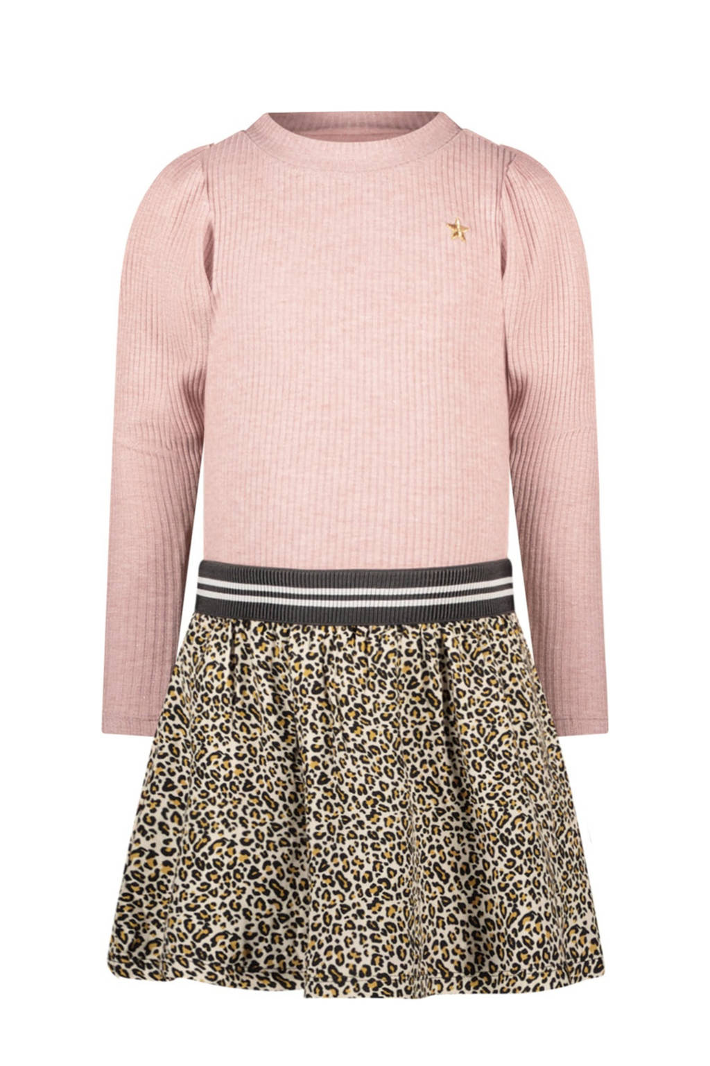 Like Flo jurk Mira met panterprint en glitters lichtroze/bruin