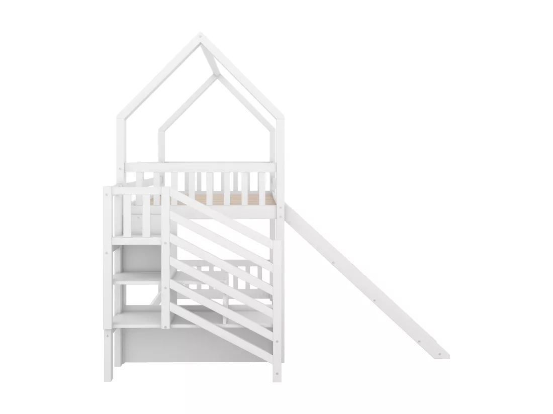 Lit superposé 90x200cm en bois - avec barrières + escalier de rangement + toboggan - Blanc