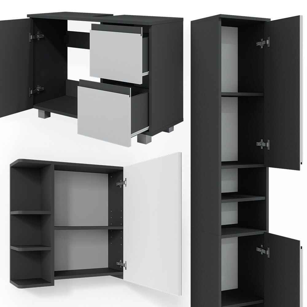 Vicco Badmöbelset J-shape Anthrazit Weiß modern Badezimmer Schrank Badschrank Waschtischunterschrank Spiegelschrank Hochschrank Schranktür Schrankschublade Schrankfach Ablage Aufbewahrung