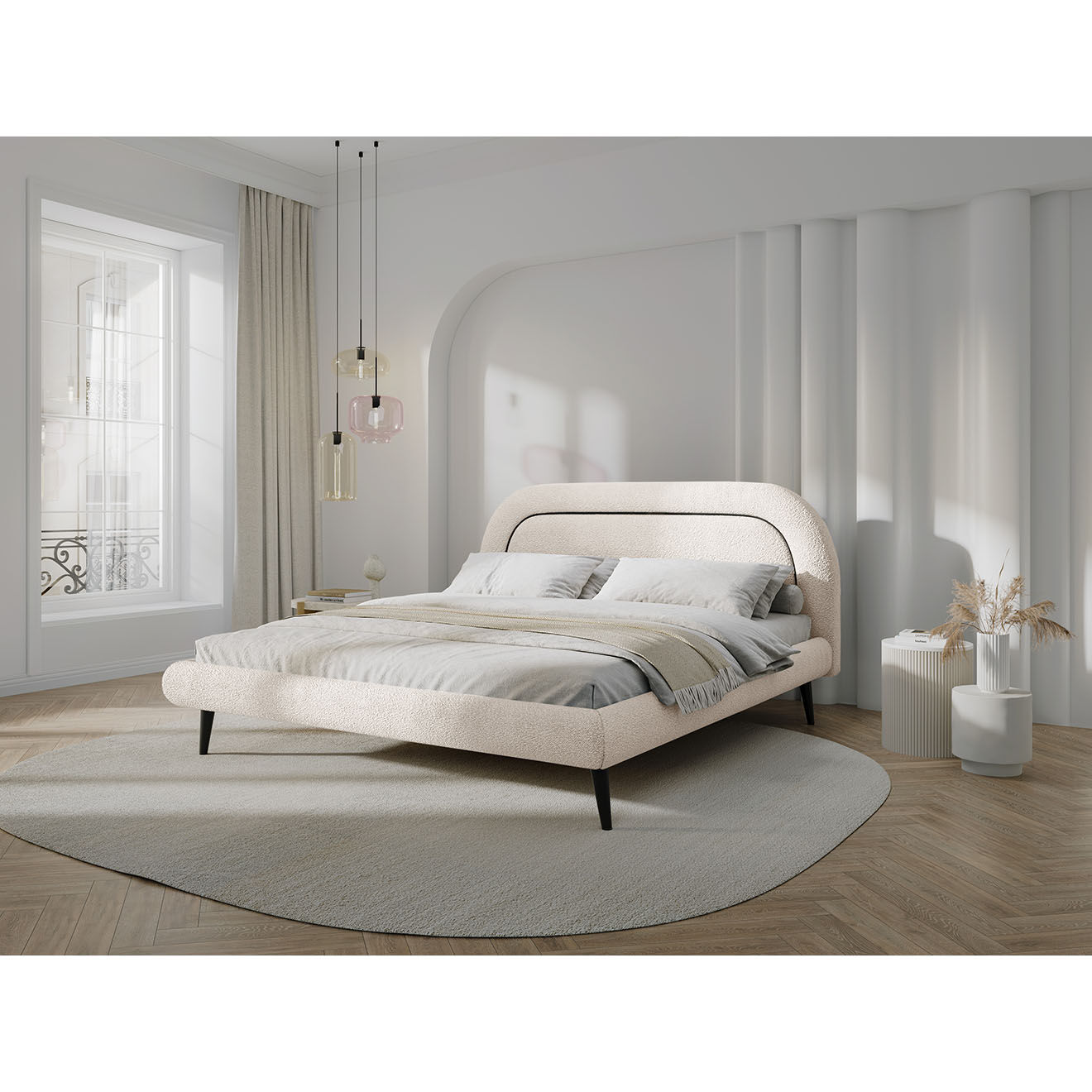 Maison Héritage Cadre avec tête de lit Maia velours bouclé beige - 160x200 cm