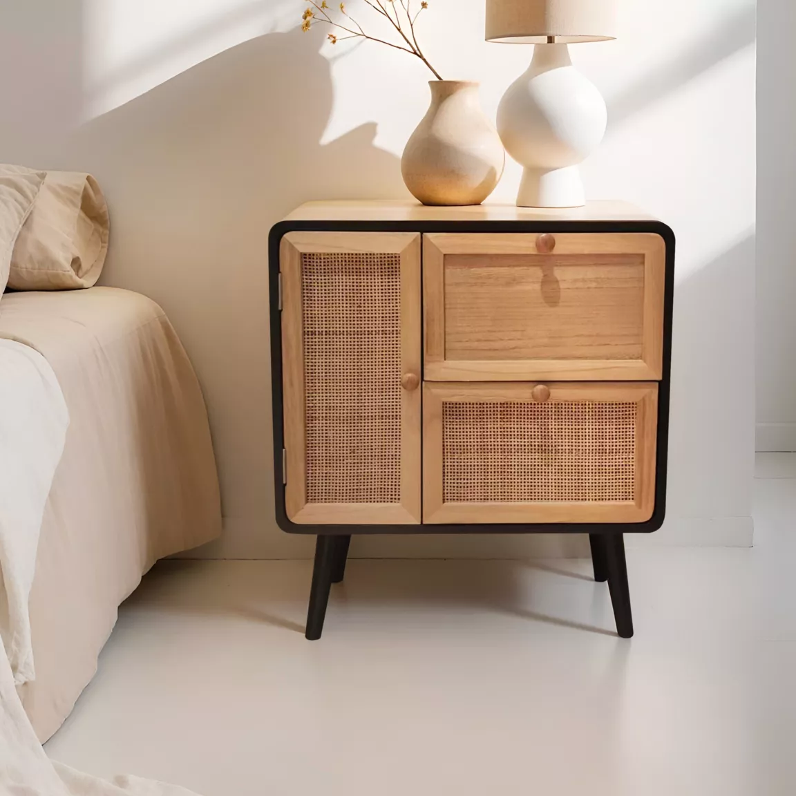 Table de chevet bois et cannage (50 x H55 cm) Osaka Noir et bois