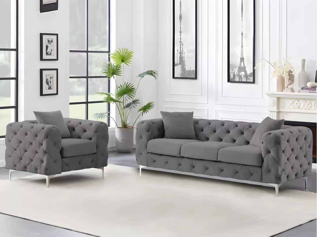 Canapé 3 places et fauteuil en velours anthracite EDWINA