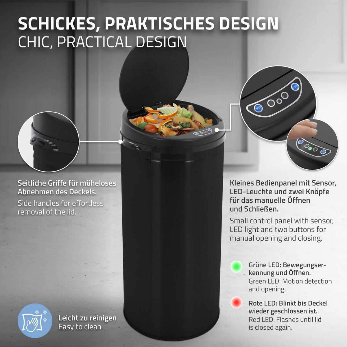 ML-Design 30L sensorbak van roestvrij staal, zwart, rond, automatisch openend en sluitend, aanraakvrije afvalbak, bewegingssensorbak, LED-indicator, klemring, voor keuken en kantoor