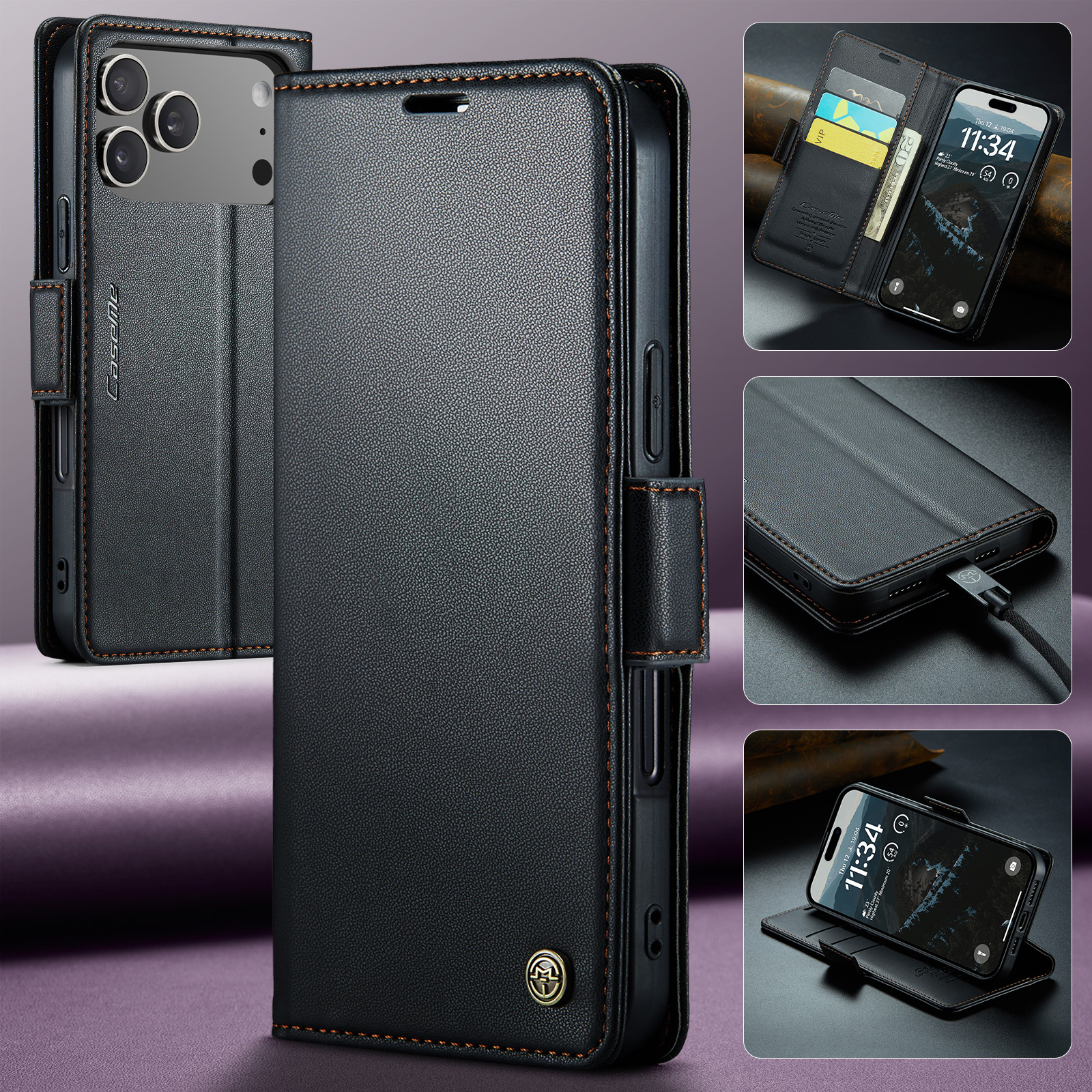 iPhone 17 Pro Leder Tasche Flip Wallet Etui mit Kartenfächern Litchi Look (RFID Schutz) - Schwarz