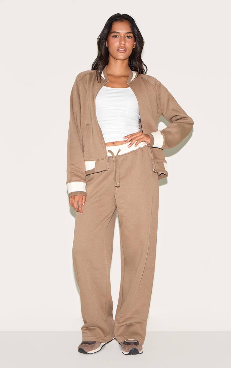 Taupe Veste Bomber En Molleton À Coutures Contrastées