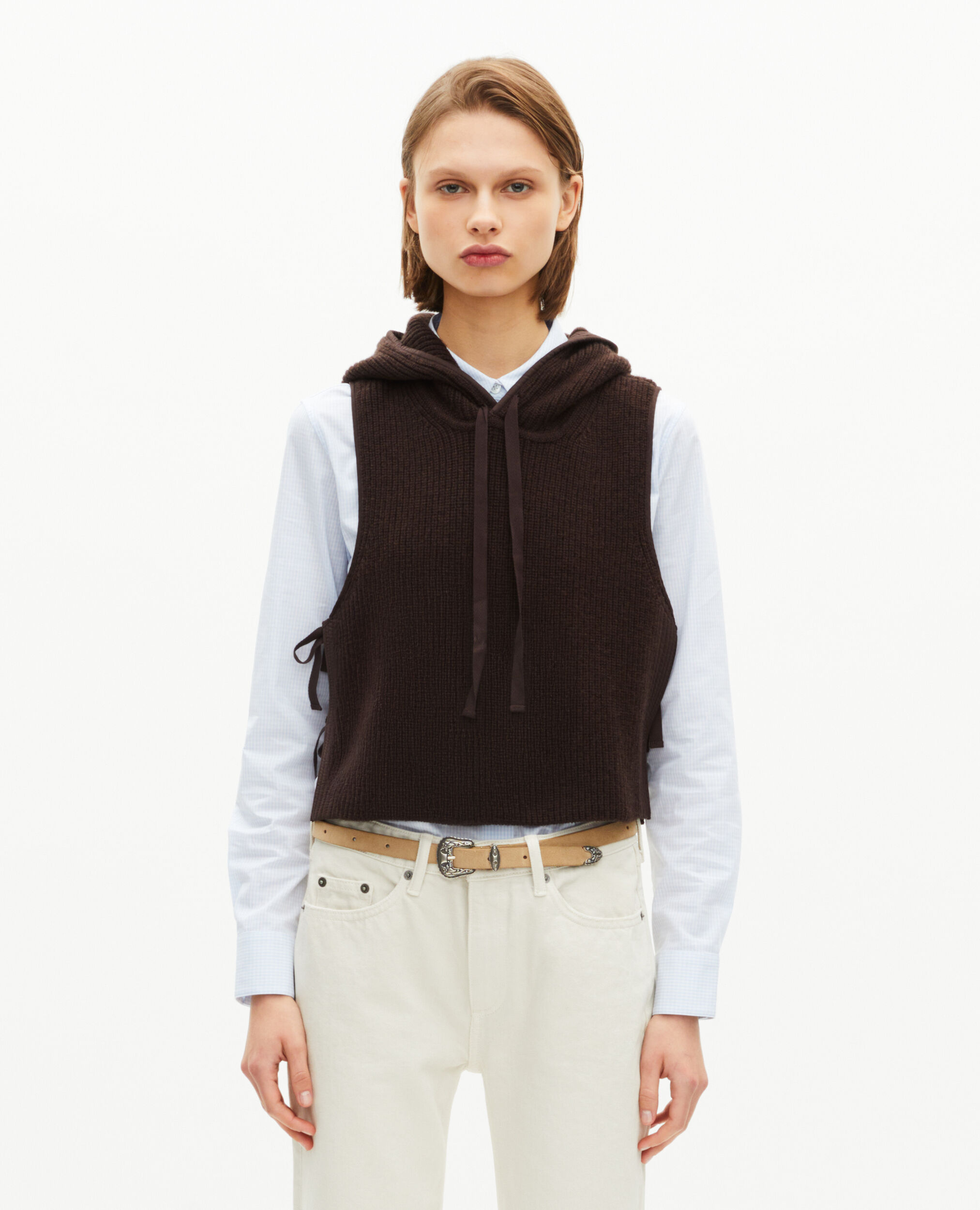 Pull sans manches en laine et coton marron