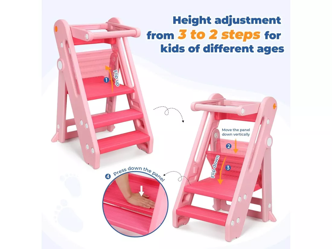 Onasti Chaise Haute Bébé HDPE,Tour d'Apprentissage 18 mois-6 ans Hauteur Réglable,Repose-pieds Antidérapants,Pliable,Sécurité - Rose