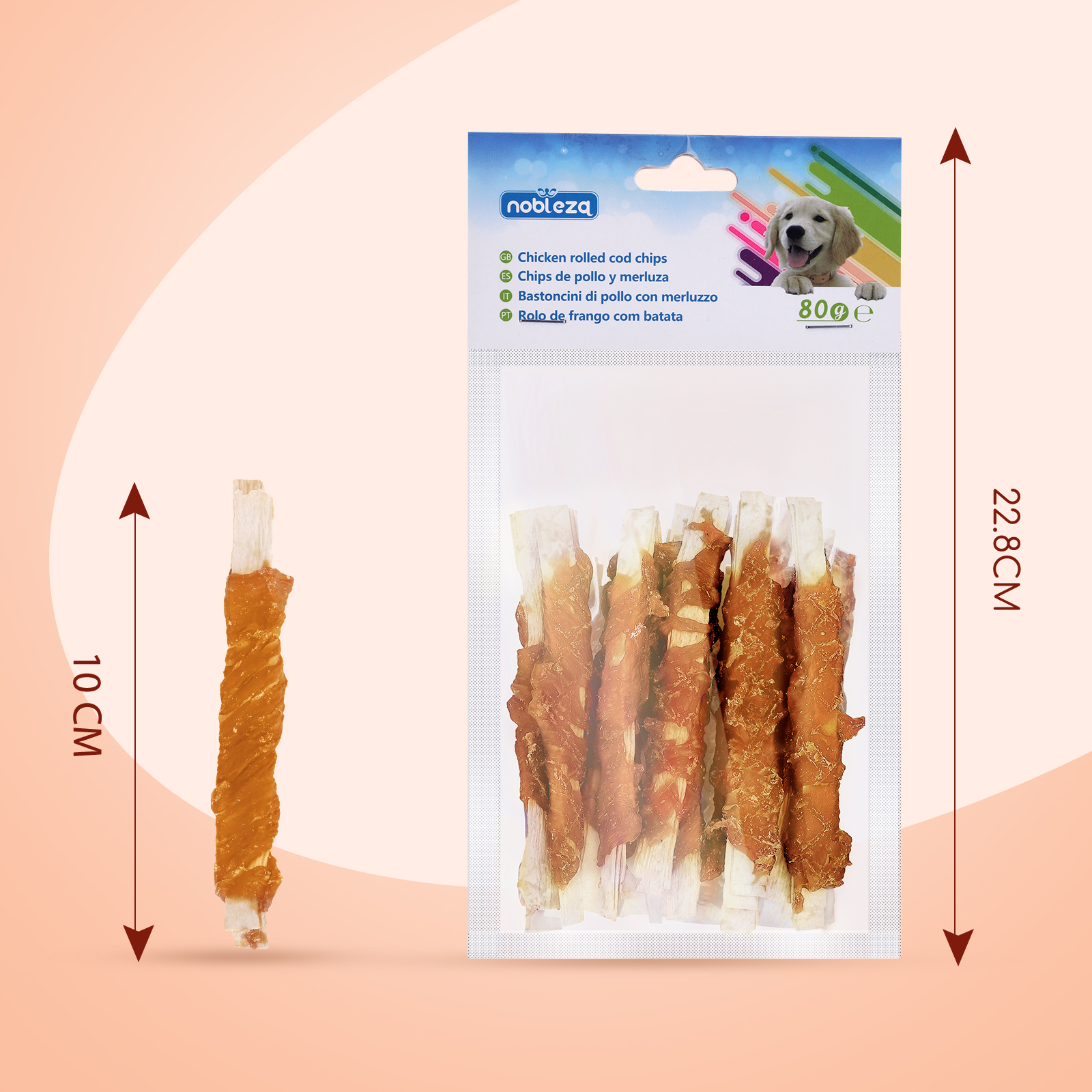 Nobleza - Petiscos para Cães - Chips de Bacalhau Enrolados com Frango - Petiscos Naturais para Cães - Recompensas e Prêmios para Cães - 10 cm de comprimento, 6 pacotes x 80 g