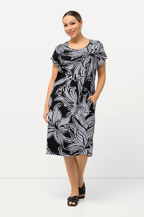 Jersey-Minikleid, Blüten, Oversized, Rundhals, Halbarm