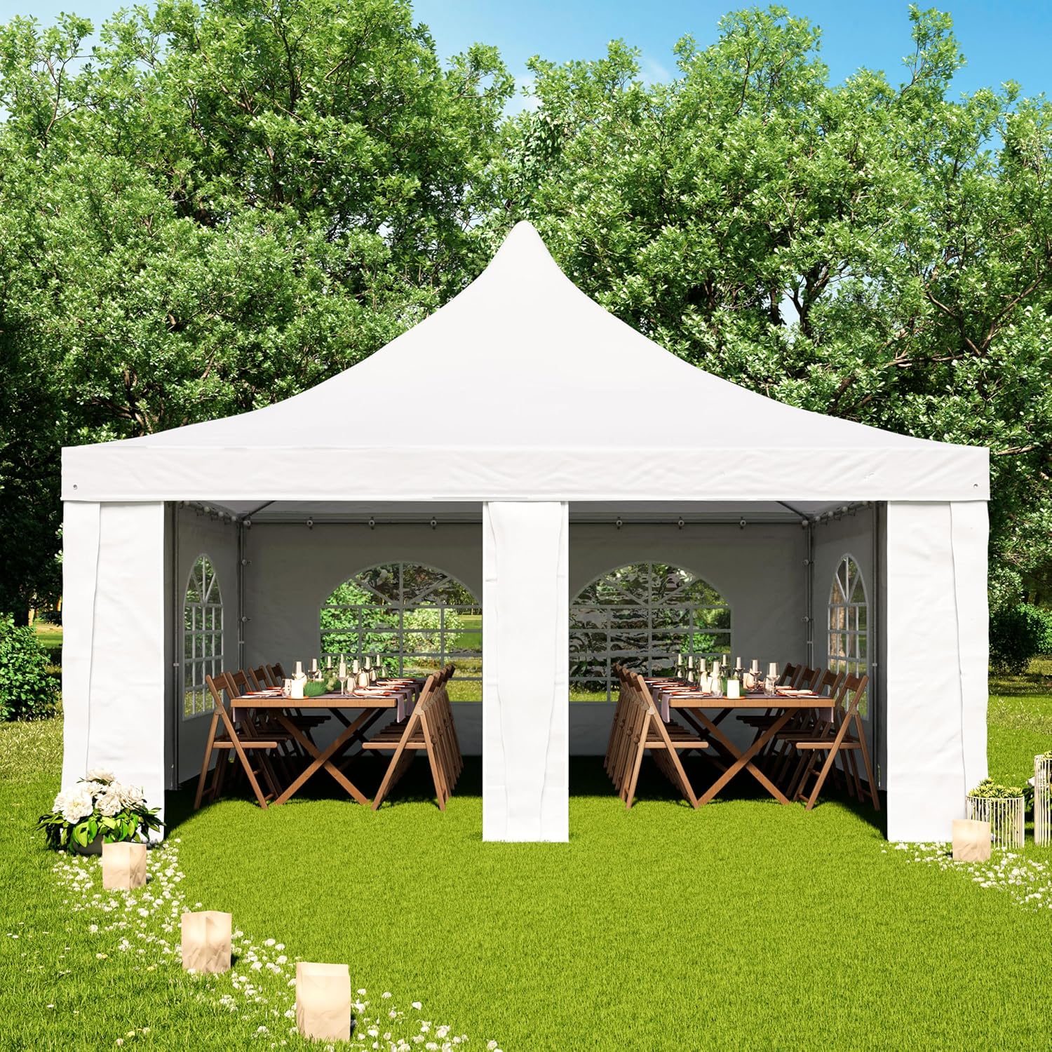 TOOLPORT Pagodenzelt Pavillon 5x5 m schnell & einfach zu montieren mit Fenstern - robuste PVC-Plane 700 weiß