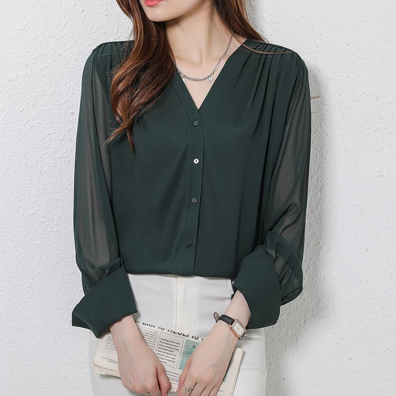 ISSOL - Blouse met lange mouwen en V-hals en effen kleur