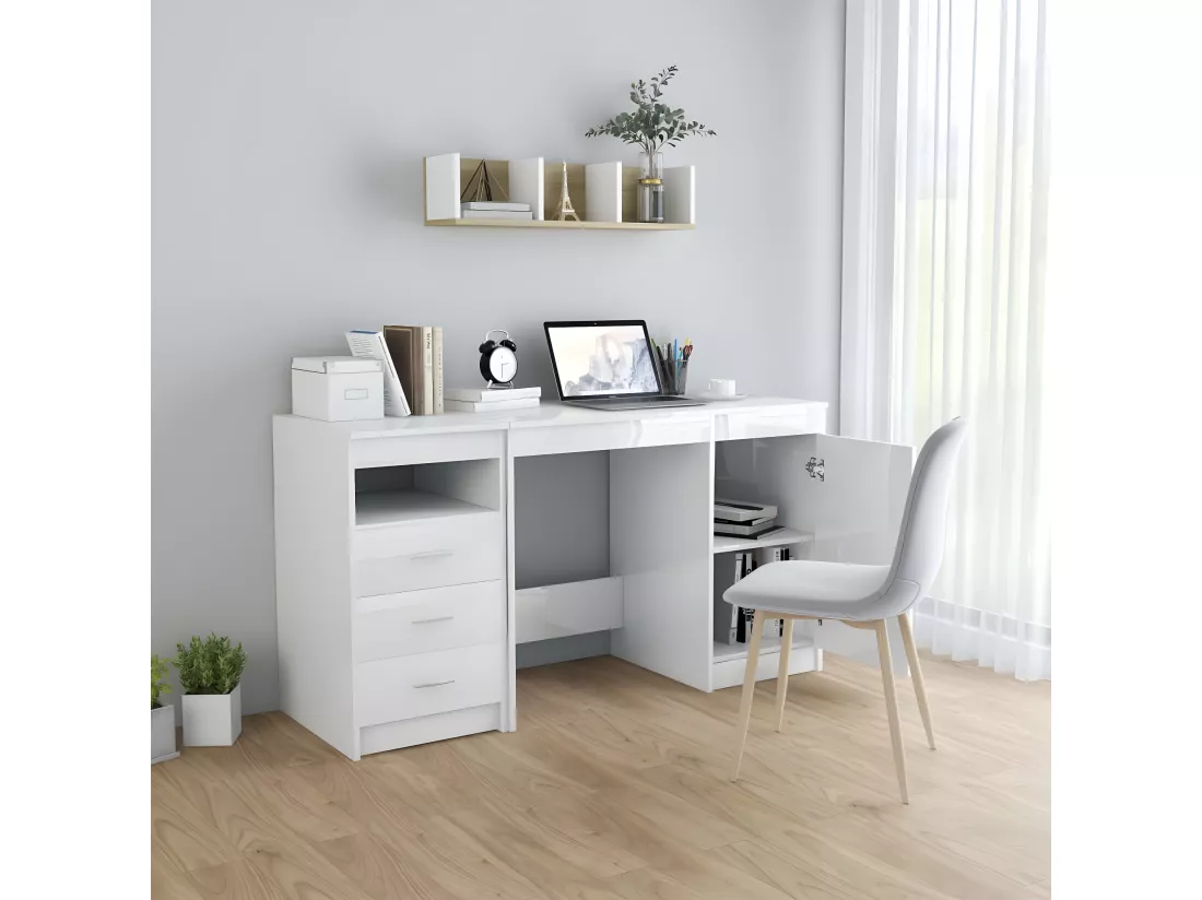 Bureau Blanc brillant 140x50x76 cm Aggloméré