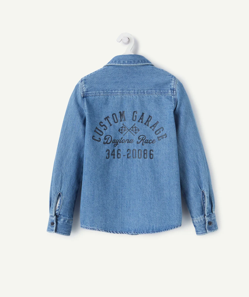 chemise garçon en coton et denim bleu avec poche et patchs thème circuit
