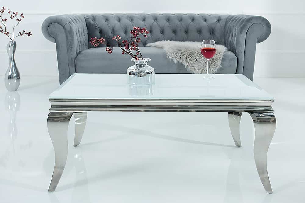 Eleganter Couchtisch MODERN BAROCK 100cm silber mit weißem Opalglas