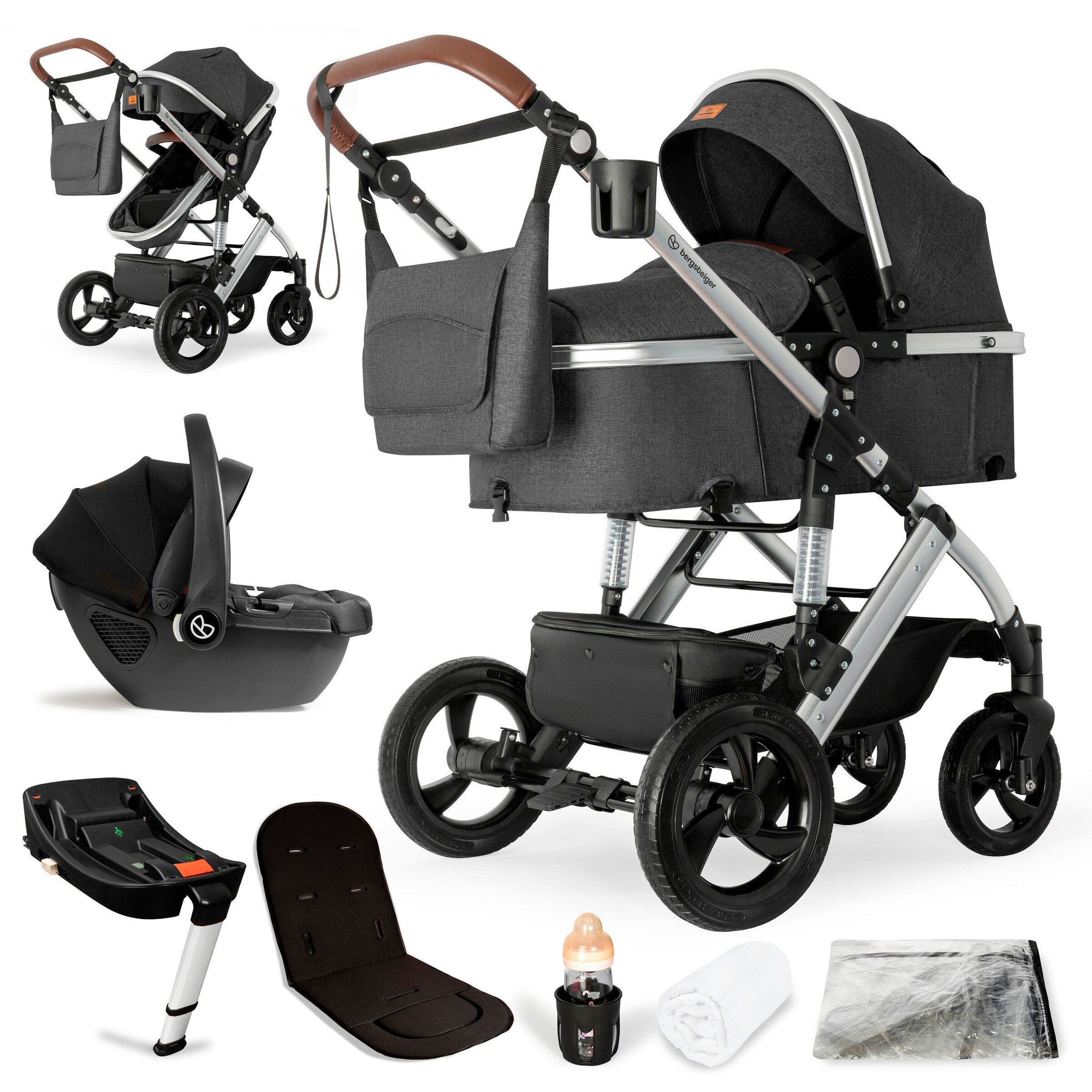 Bergsteiger Kinderwagen Nizza + Babyschale grey | Gestell: silver