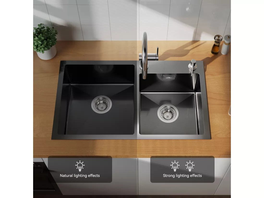 Evier de Cuisine en Inox Évier Double Bac avec 2 Trous de Montage Evier de Cuisine Kit avec Distributeur Savon/ Siphon, 75x45x19cm,Noir