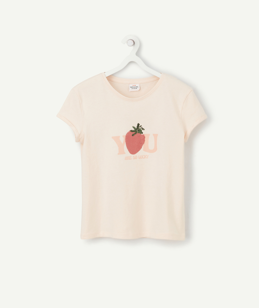 T-SHIRT FILLE EN FIBRES RECYCLÉES ROSE AVEC MESSAGE ET SEQUINS