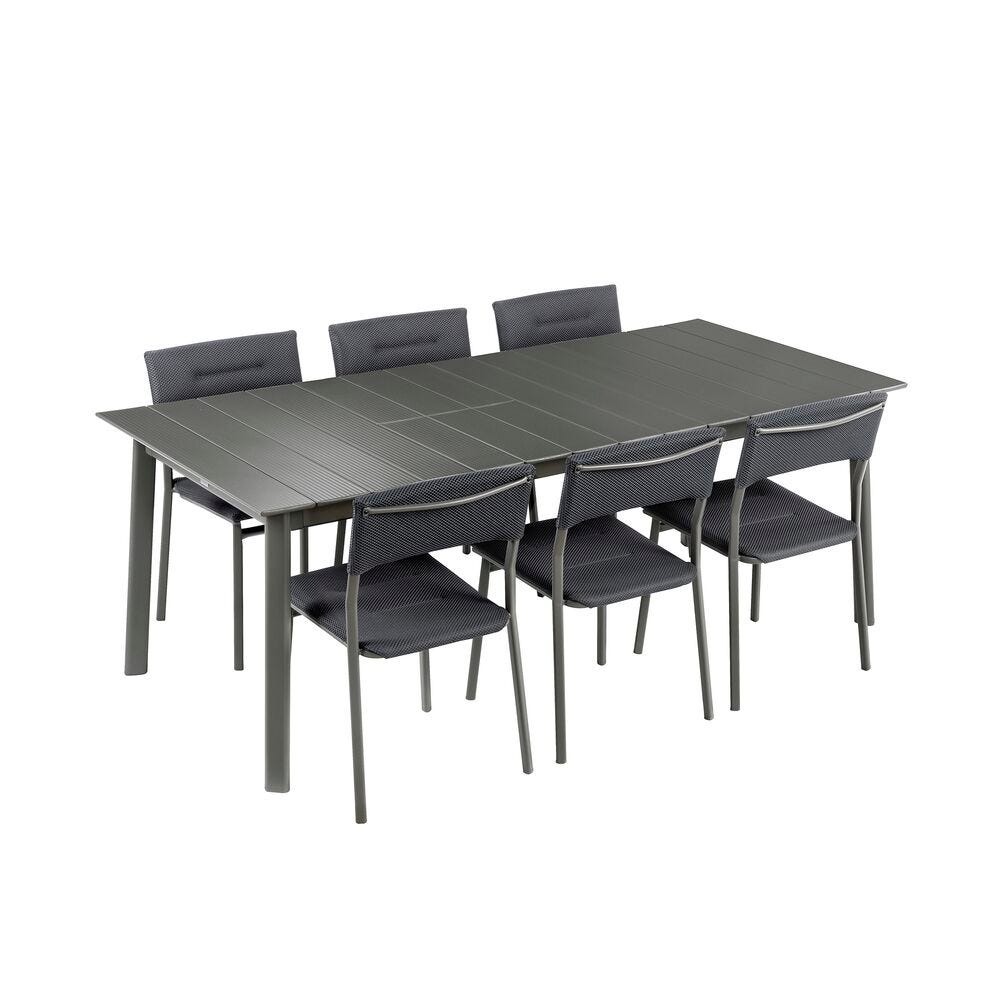Set 1 ausziehbarer Gartentisch ALU und 6 Gartenstühle Oron Aluminium-Latten Dark Grey