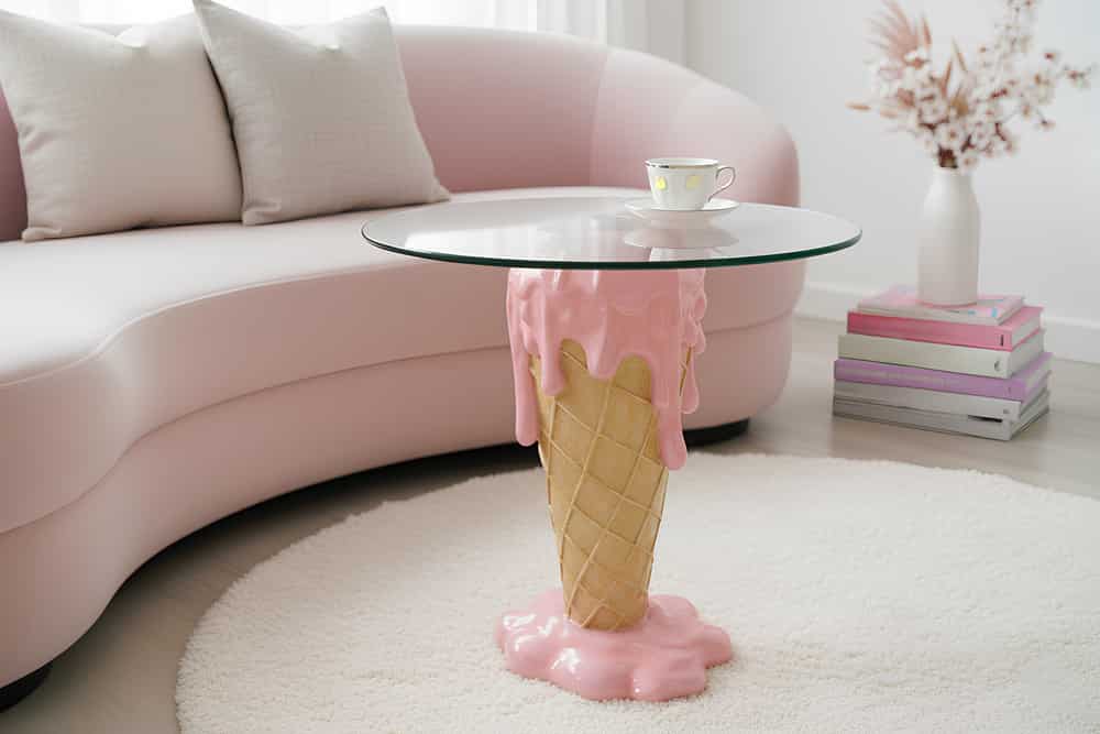 Einzigartiger Couchtisch ICE CREAM 50cm beige rosa runde Tischplatte Glas handmade