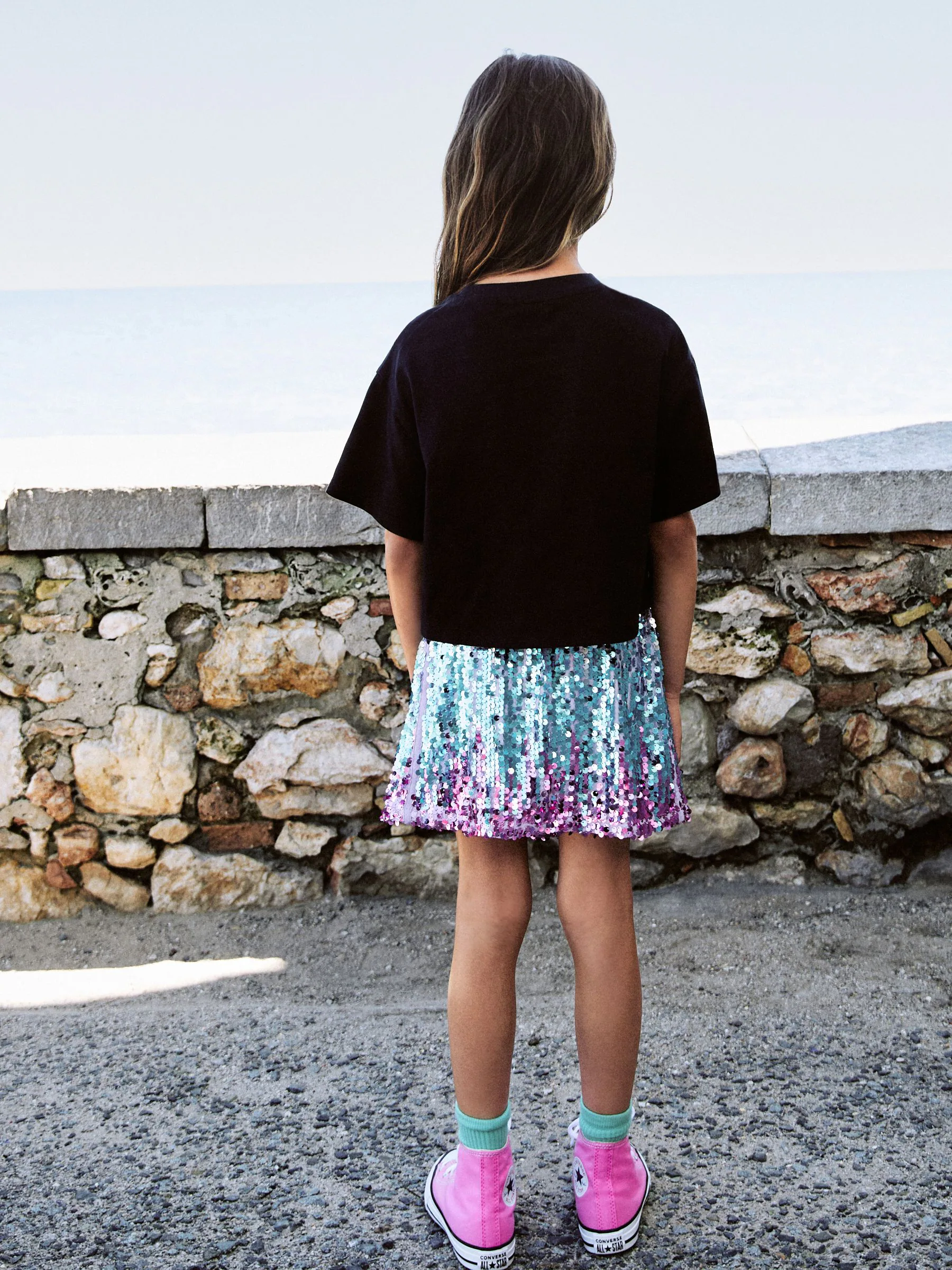 Zwart/roze - Sequin Skirt and T-Shirt Set (3-16yrs)