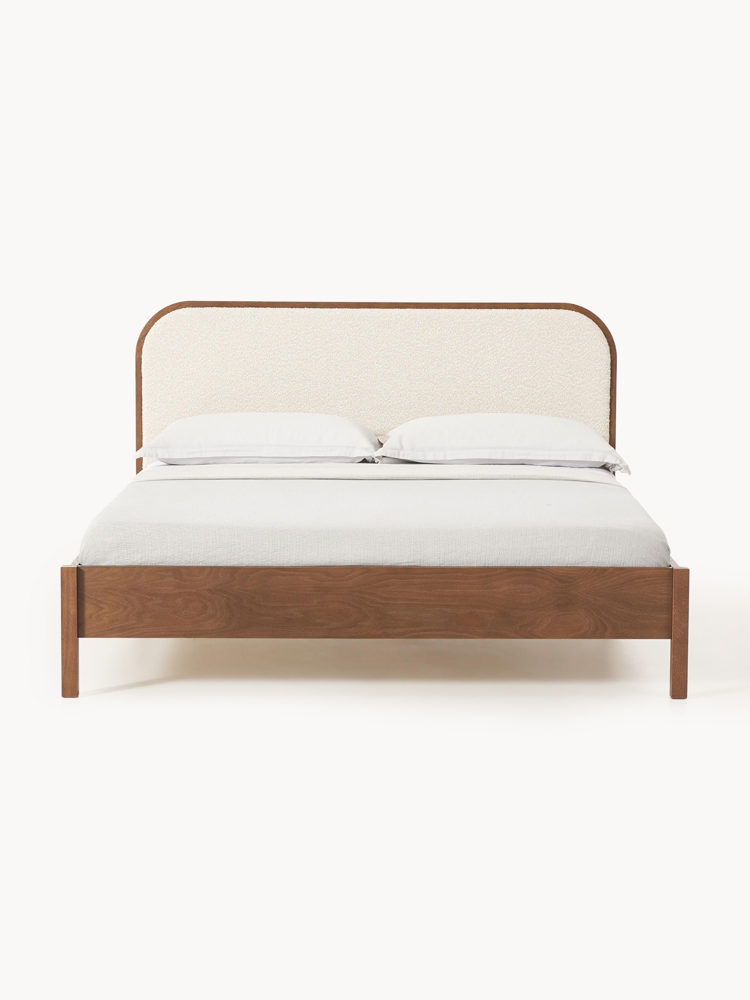 Houten bed Jones met hoofdeinde van bouclé
