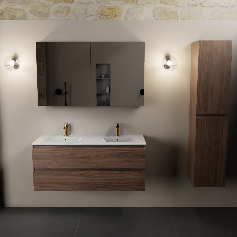 Mondiaz Aivy badmeubel 120cm mocha met wastafel keramiek wit glans 2 kraangaten en spiegelkast