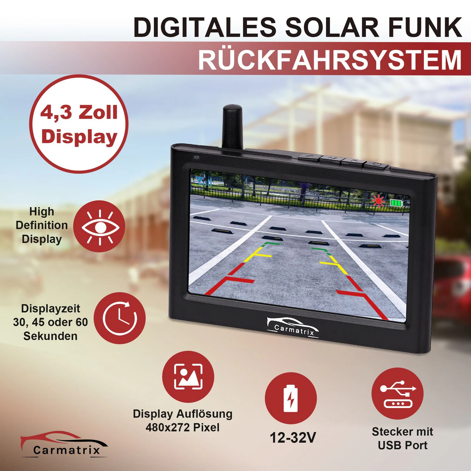 CARMATRIX Solar Funk Rückfahrkamera mit Monitor Rückfahrsystem kabellos mit Solarpanel für PKW