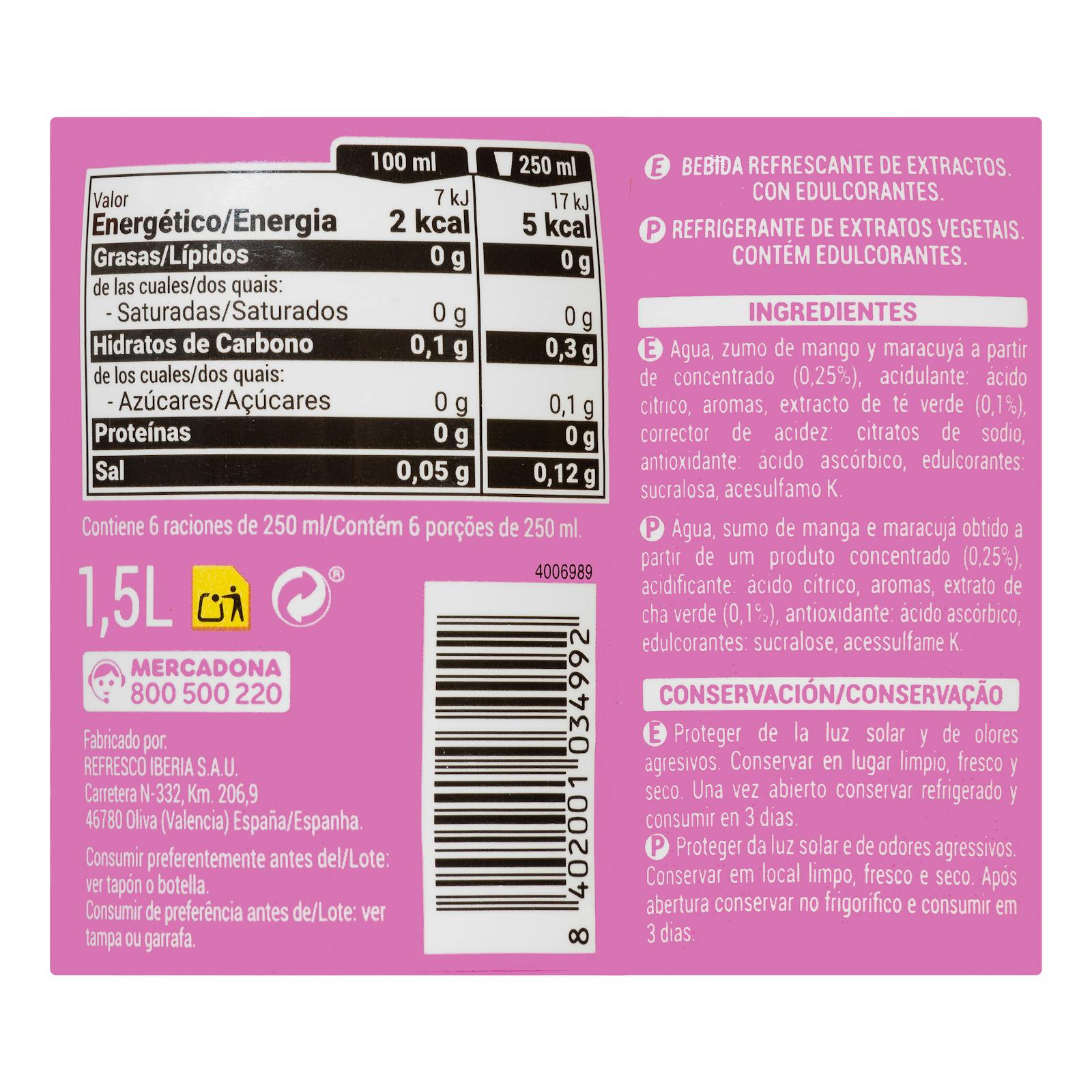 Boisson gazeuse au thé vert et aux fruits de la passion Hacendado Zero