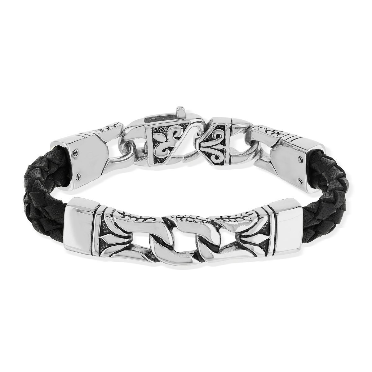 Bracelet acier cuir tressé noir 22 cm