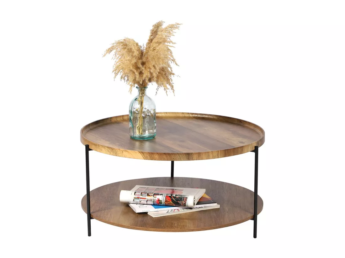 Table basse ronde JAYCE avec 2 niveaux, structure en métal noir, style ethnique