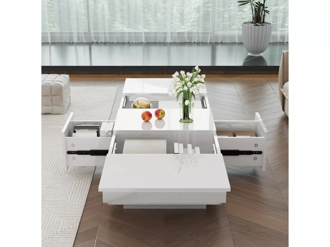Table basse moderne en finition haute brillance avec rangement Push-Pull et tiroirs doubles – 100 x 50 x 31 cm