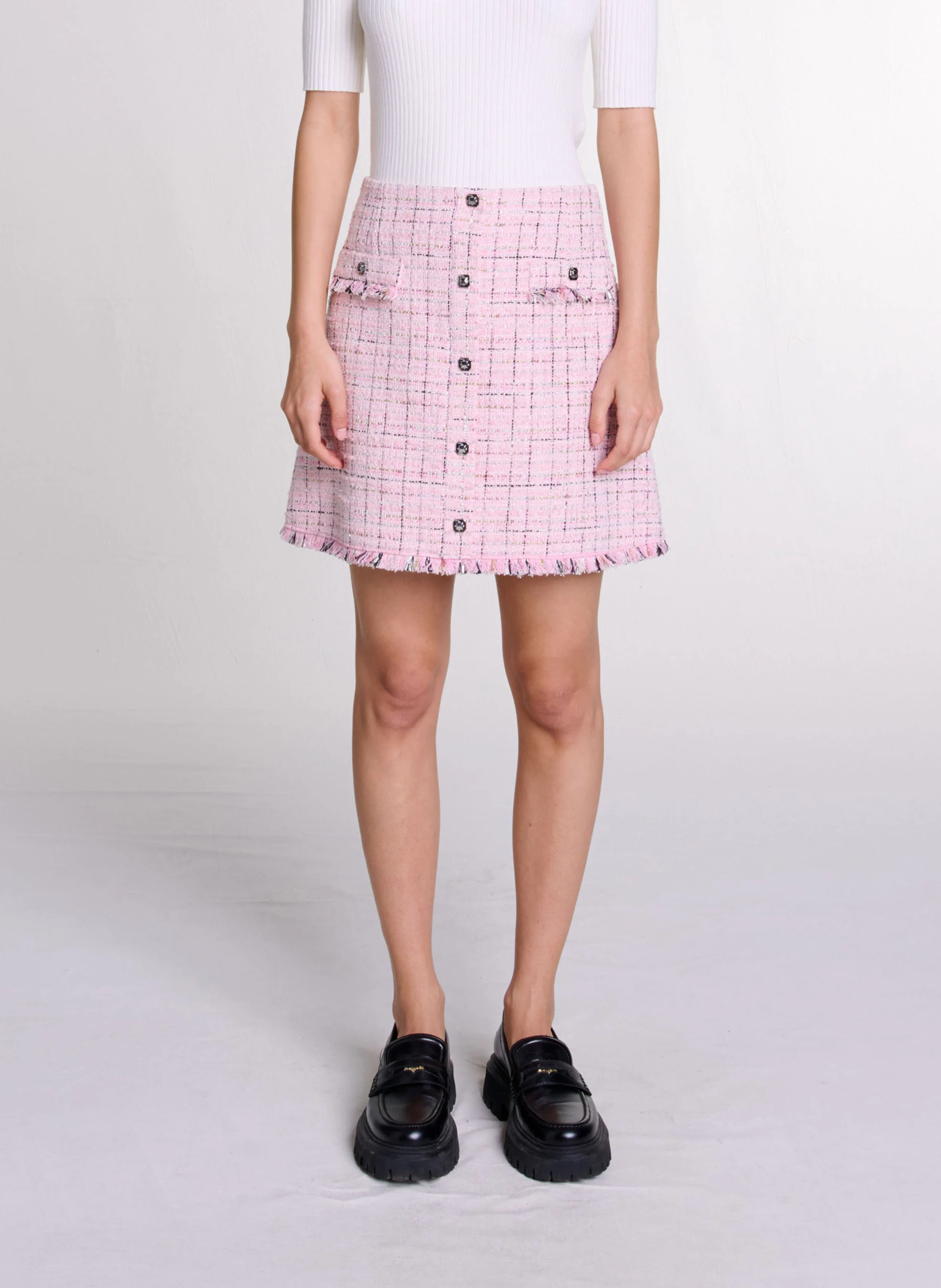 Jupe courte droite en tweed | Rose