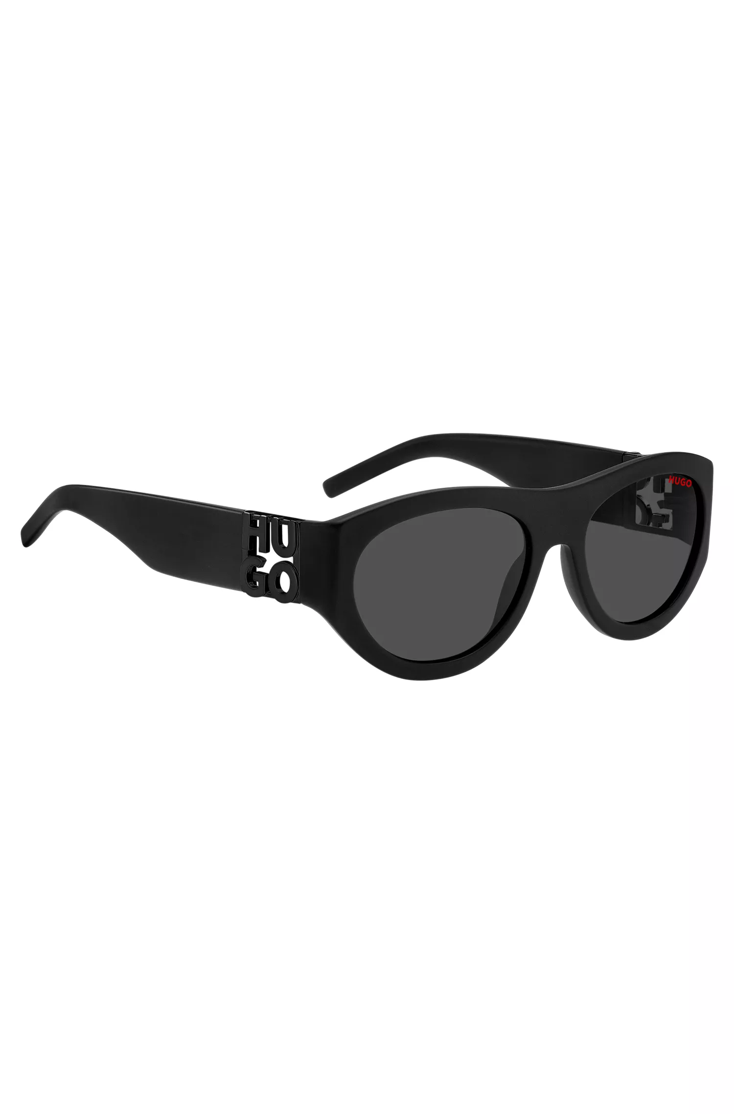 Óculos de sol HUGO em acetato vermelho e preto com monograma 3D.