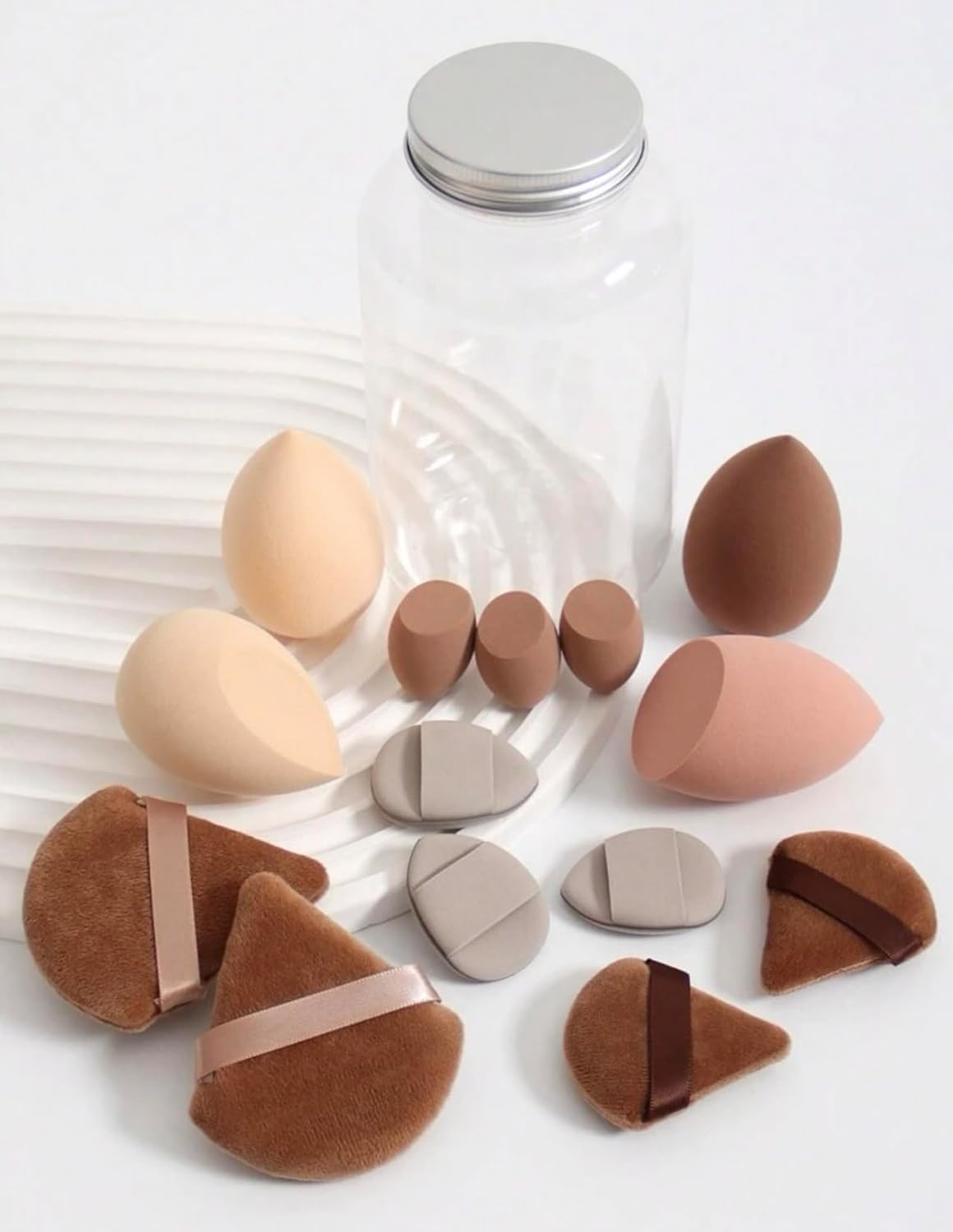 (14-tlg. Set) Make Up Kosmetik Schwamm / Puderquaste / Beauty Blender mit Aufbewahrungsbox - Braun