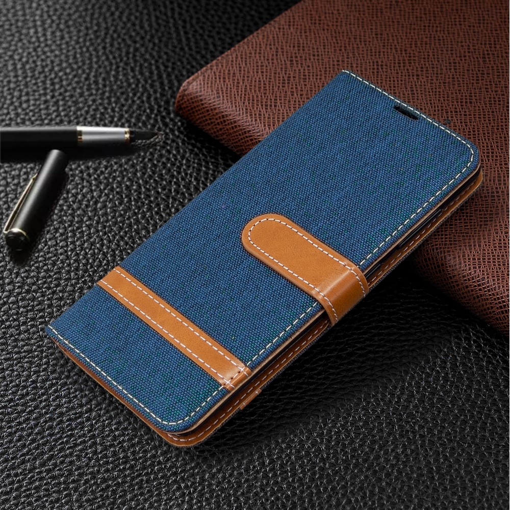 Samsung Galaxy A41 Stoff Tasche im Jeans Look mit Kartenfach   Magnetverschluss - Dunkelblau / Braun