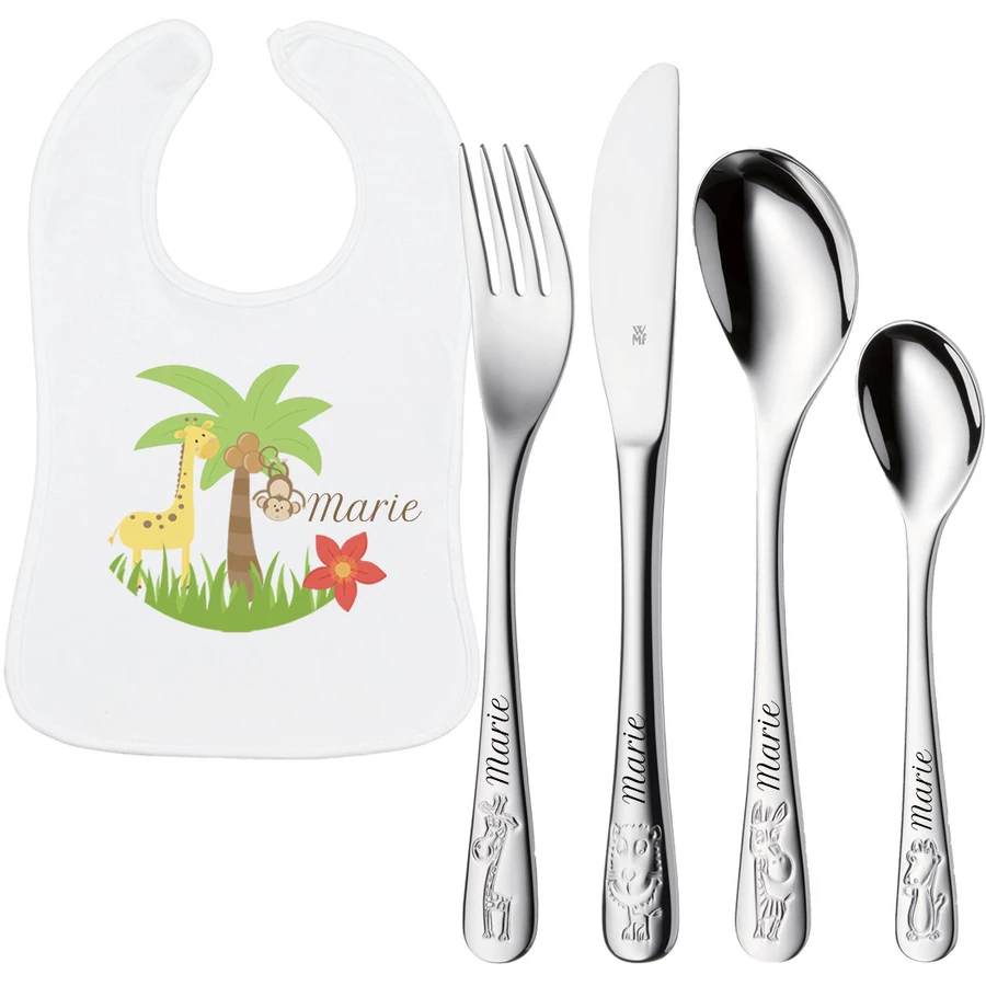 Schnullireich Geschenkset mit Namen Safari: WMF Kinderbesteck +Baby Lätzchen Safari Silber