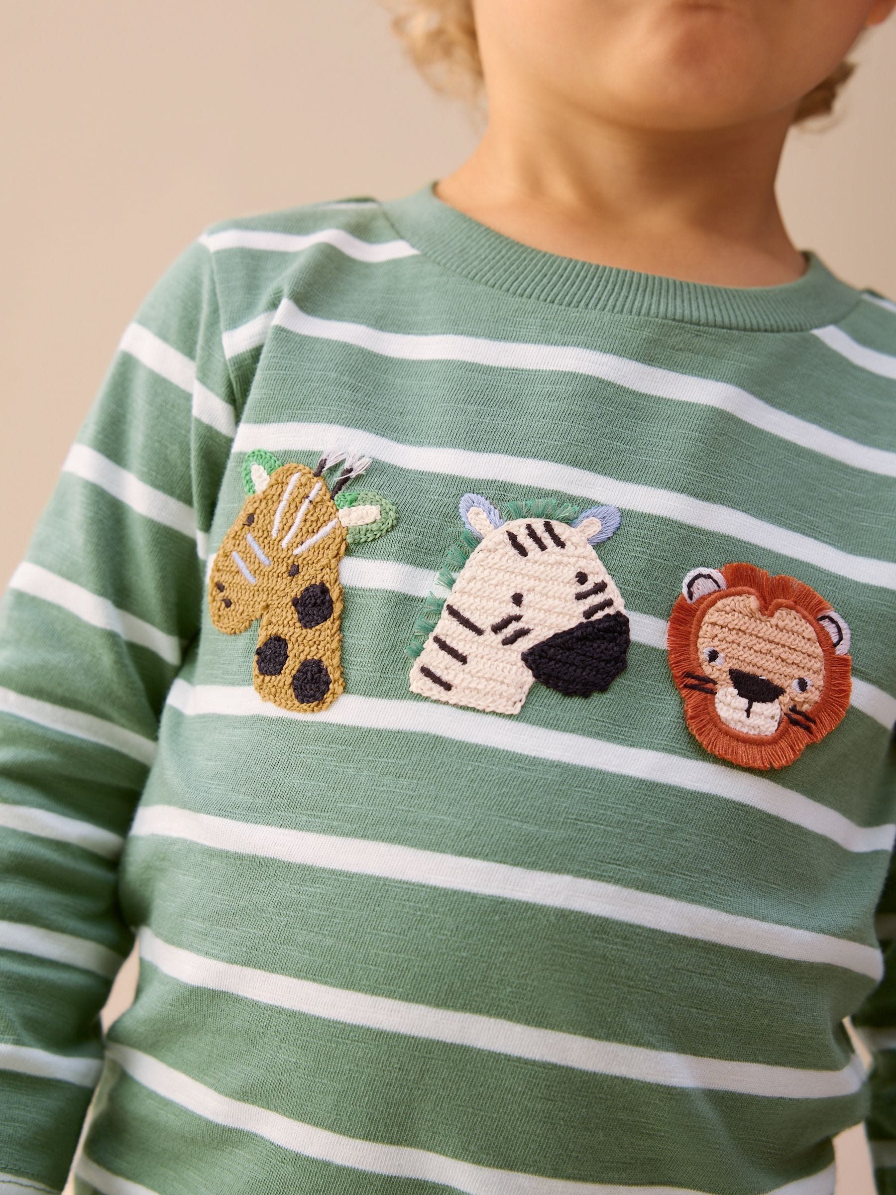 Groen/wit gestreepte safari - T-shirt met applicatie en lange mouwen (3 mnd-7 jr)