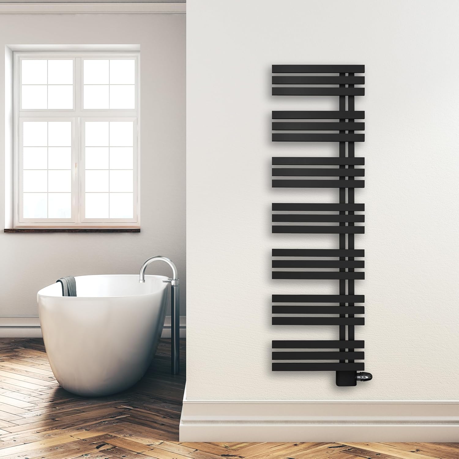 Design Badheizkörper Paneel mit Anschluss links oder rechts | Heizkörper mit versetztem Mittelanschluss (Schwarz, 1600 x 500 mm)