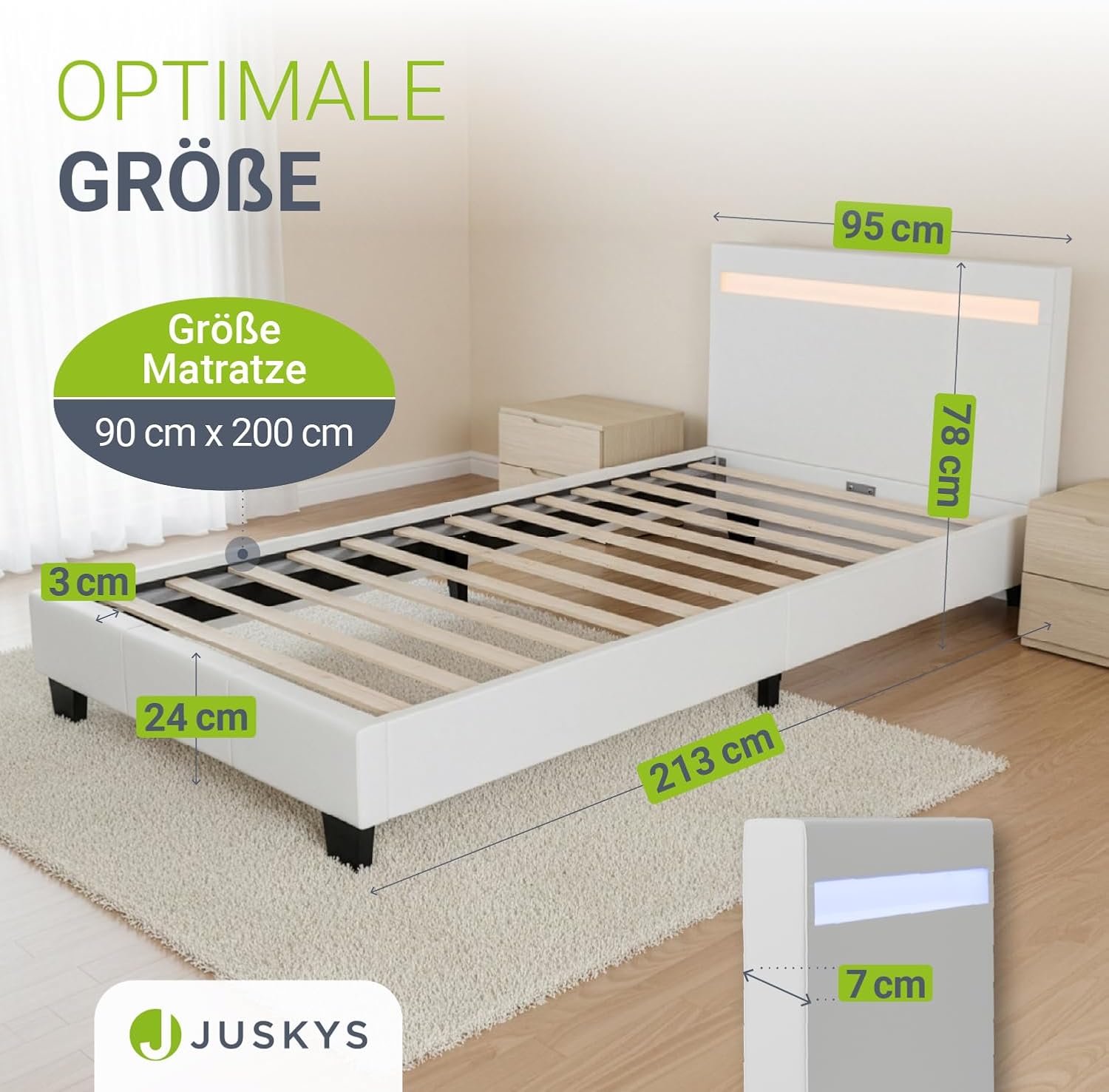 Juskys Polsterbett Paris 90x200 cm mit LED-Beleuchtung, Lattenrost & Kopfteil, Bett mit Gestell aus Holz & Kunstleder Bezug, weiß