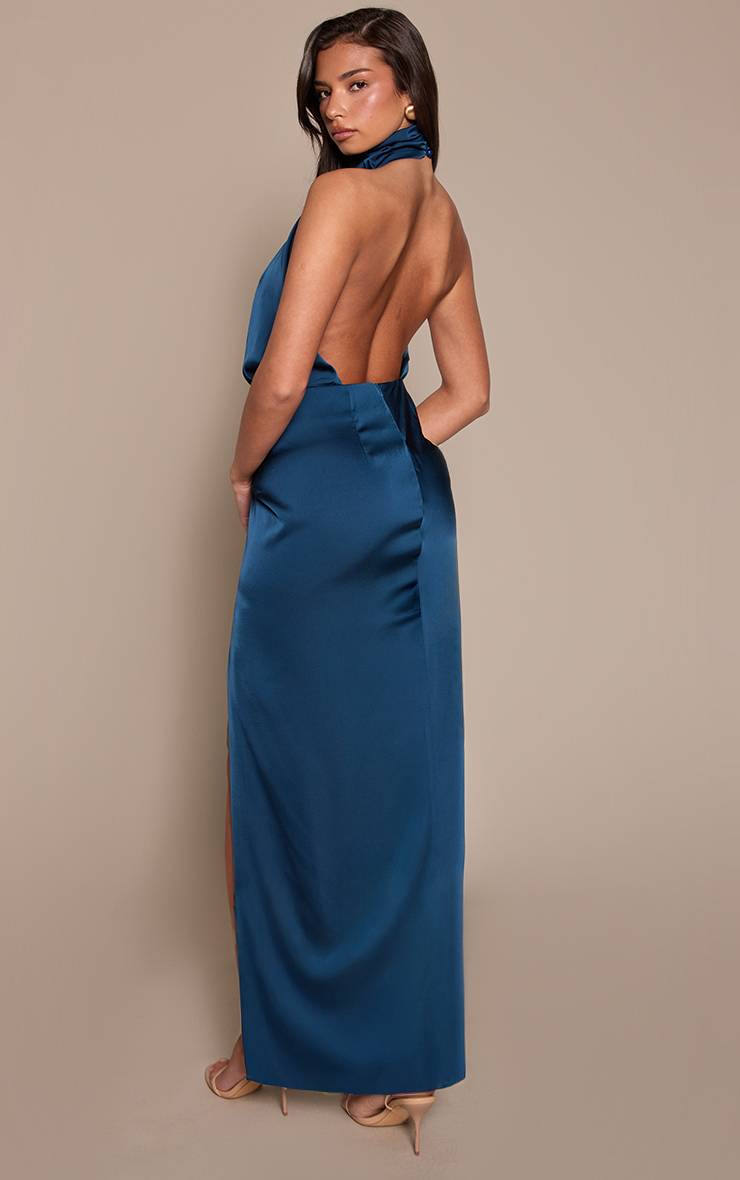 Petrol Blue Robe Longue En Satin À Col Montant