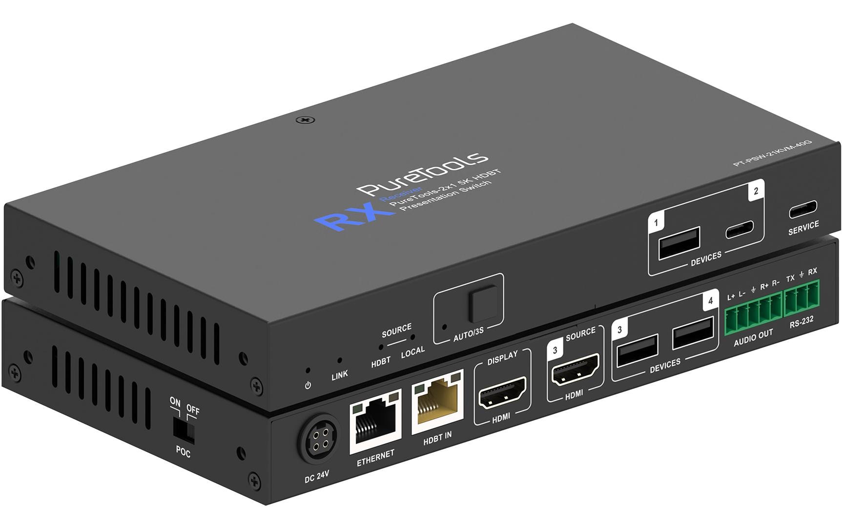 Switcher PT-PSW-21KVM-40G 2x1, HDMI/USB-C, HDBT, HDMI, 5K<br>PureTools - 2x1 5K HDBT Präsentations-Switch - 5K HDBaseT V3.0 Video- und Datenverlängerung mit HDMI/USB-B & USB-C (100W PD) Eingängen