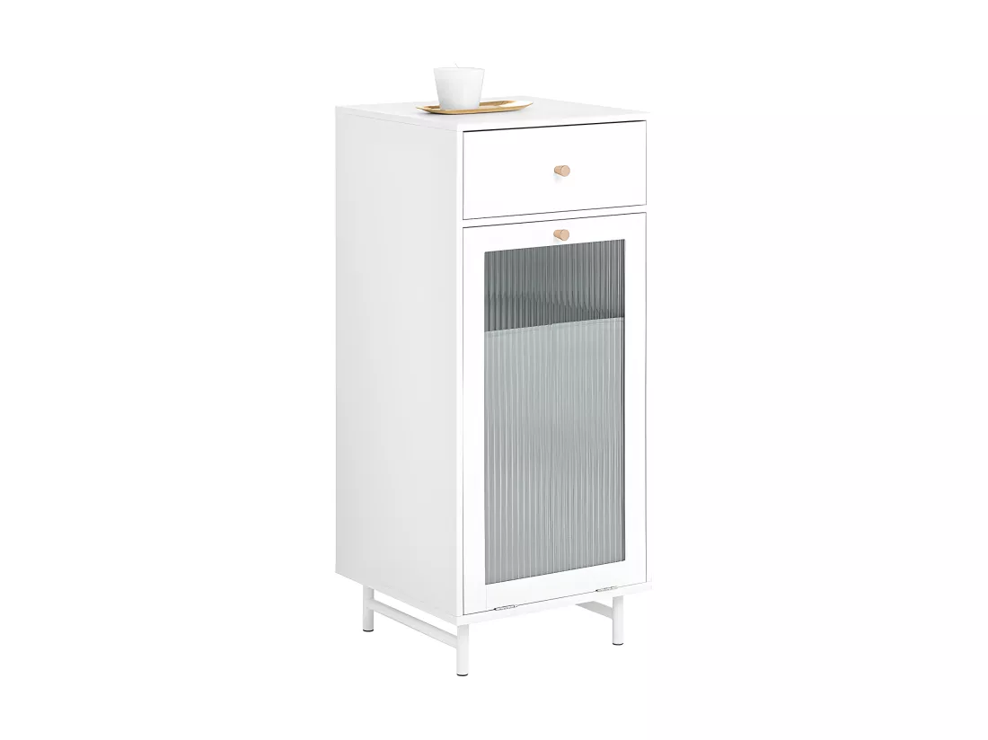 SoBuy BZR116-W Armoire à Linge Meuble Bas de Salle de Bain sur Pieds Meuble Salle de Bain avec 1 tiroir, 1 Porte en Verre et 1 Panier à Linge Amovible