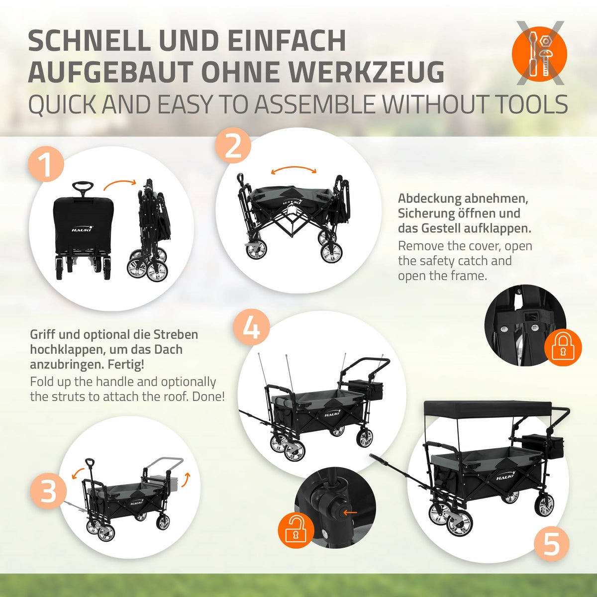 Hauki XXL opvouwbare bolderkar met luifel en tas, zwart-grijs, opvouwbare handkar voor duwen en trekken, kindertransportkar, 360° draaibare voorwielen, PU-wielen met remmen, draagvermogen 120 kg