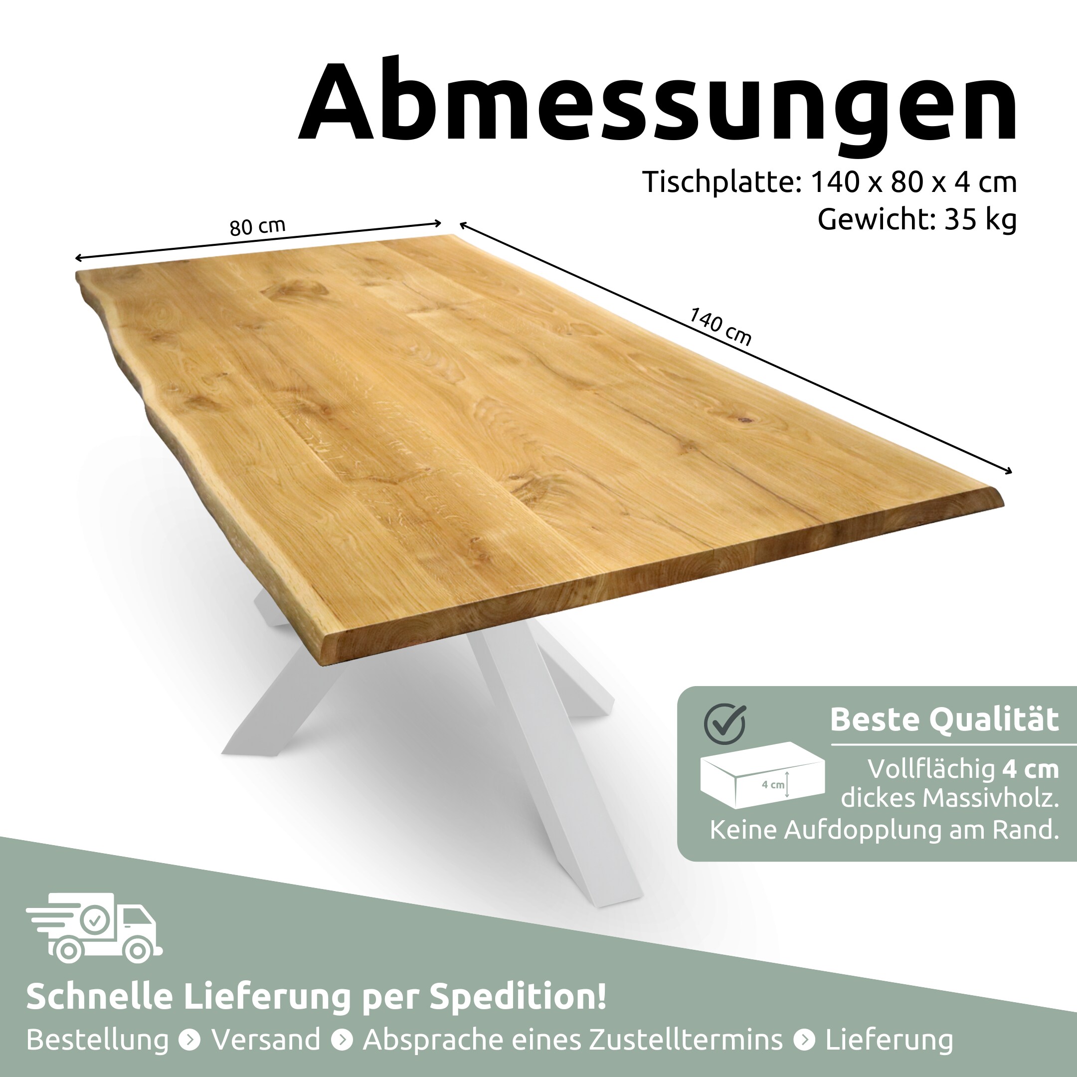 holz4home® Tischplatte 140cm x 80cm mit Baumkante aus massiver Eiche