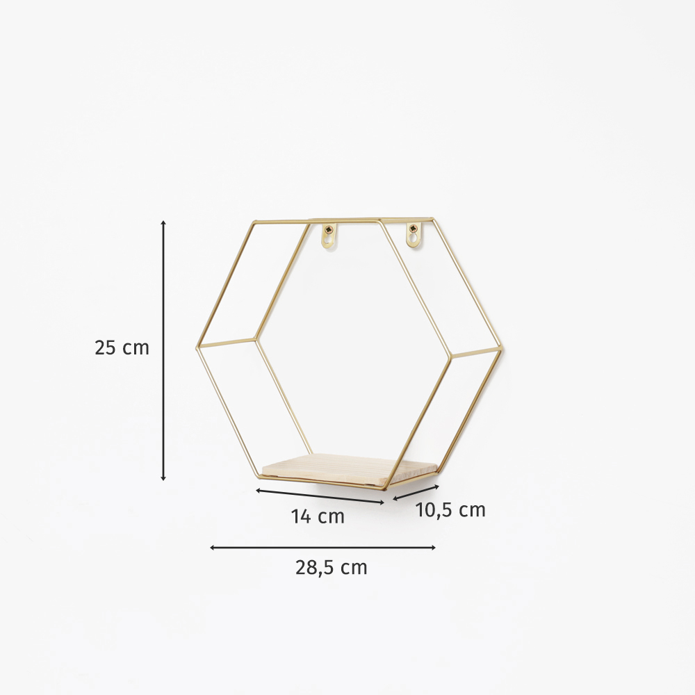 Etagère murale hexagonale en métal - 25x28,5 cm - or - lot de 3