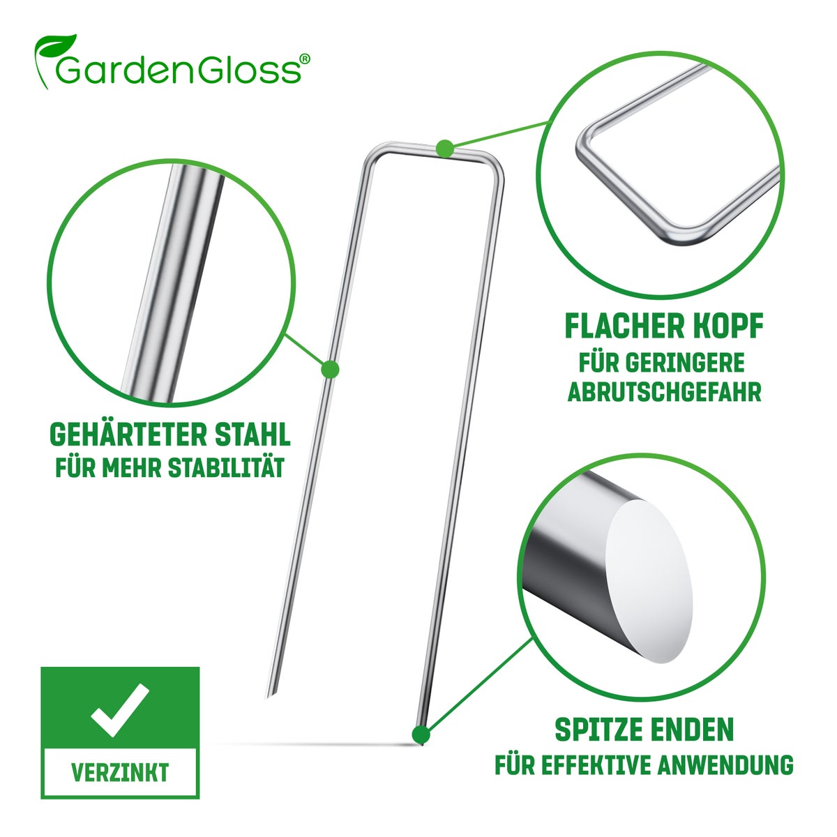 GardenGloss roestwerende stalen grondankers (100 stuks) - Stevige haringen / grondankers voor onkruidbestrijding, tuinvlies, schuttingen en kamperen - Metalen haringen 150 mm lang, 25 mm breed, Ø 3 mm
