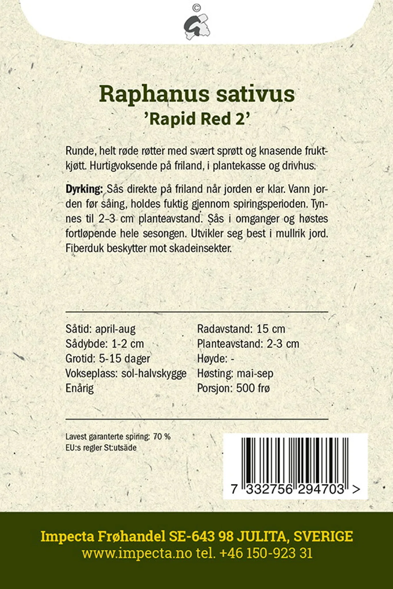 Raphanus sativus 'Rapid Red 2' Reddik 'Rapid Red 2'