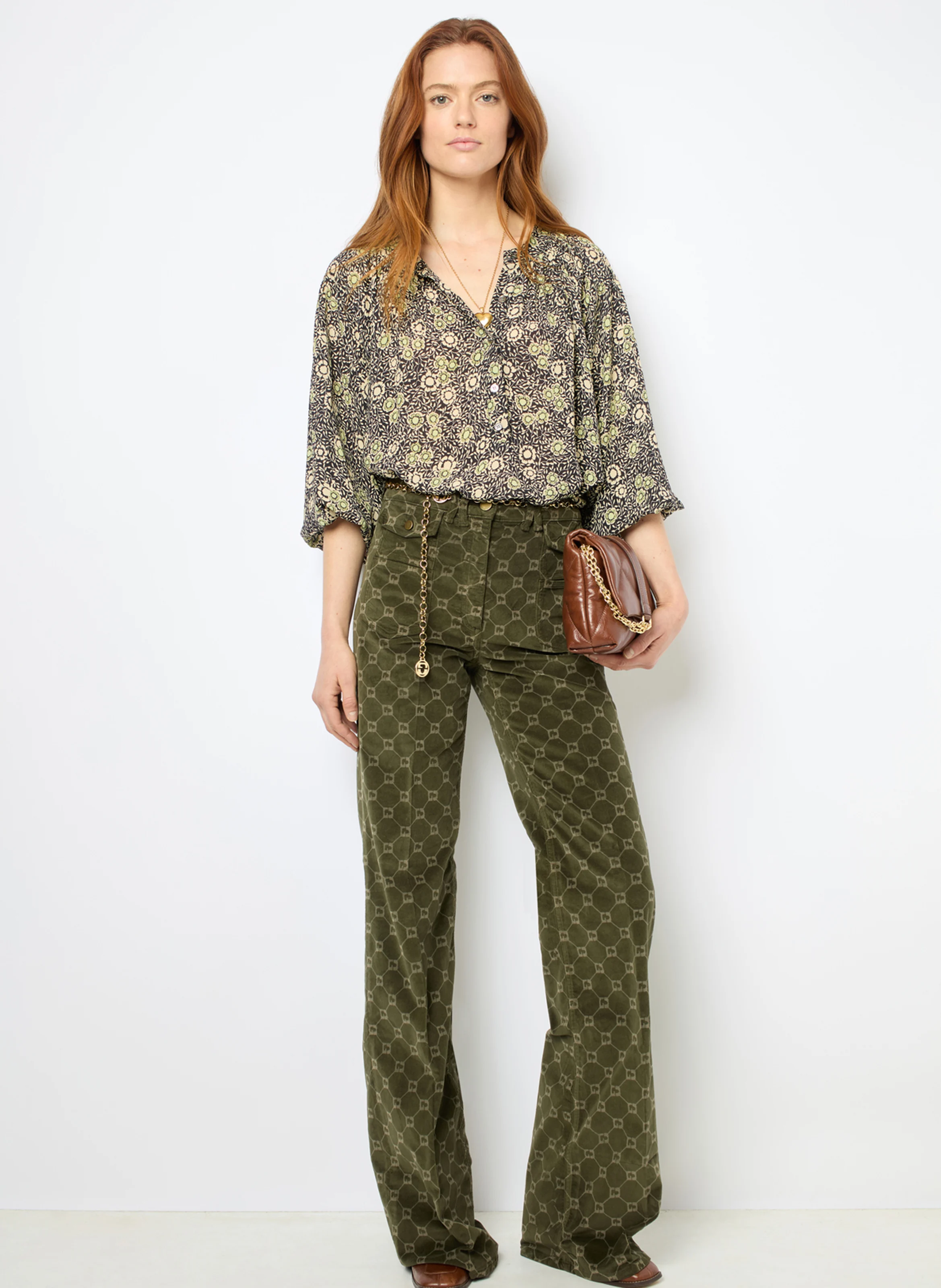 ADENA - Blouse ample col rond à imprimé | Kaki